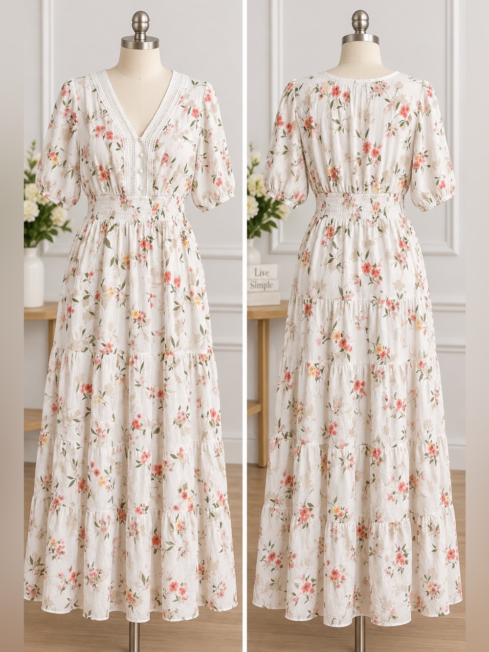 JGEE Women’s 2X Floral V-Neck Smocked Waist Maxi Dress